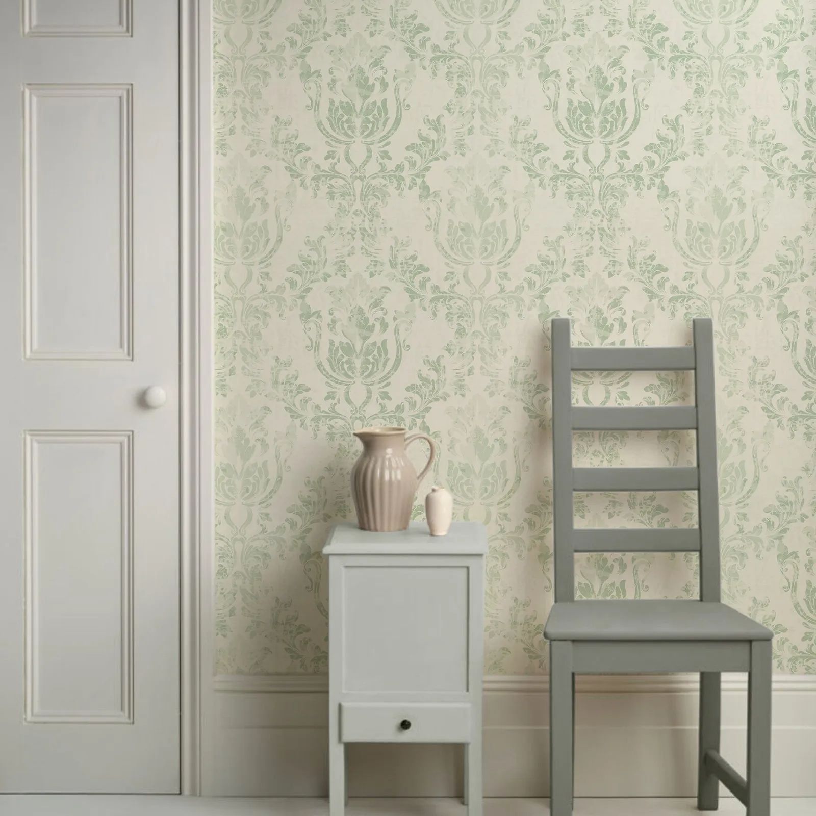 Herbal Wallpaper - Vintage Green Damask Wallpaper Roll,Peel and