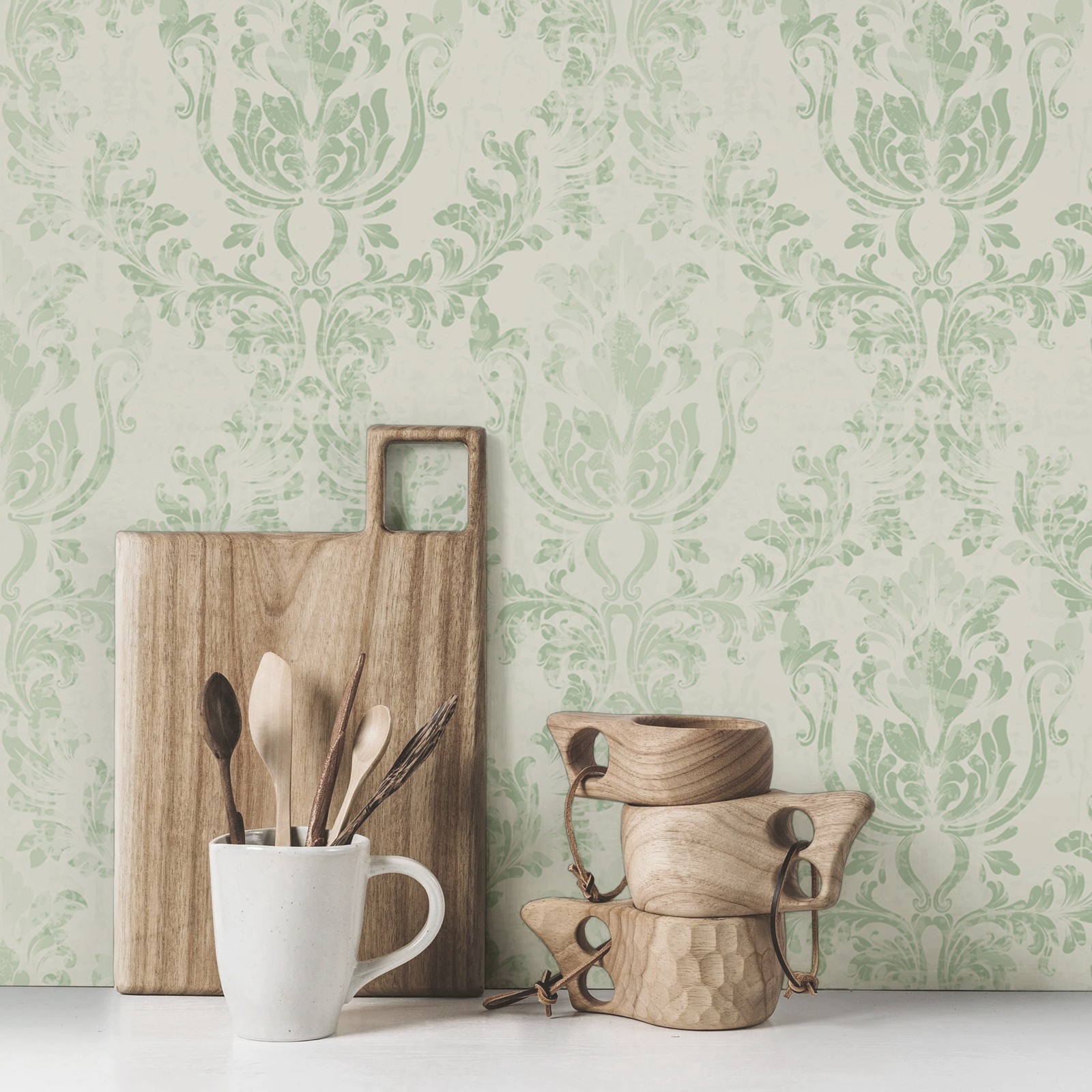 Vintage Green Damask Wallpaper - Herbal Wallpaper 评论和价格