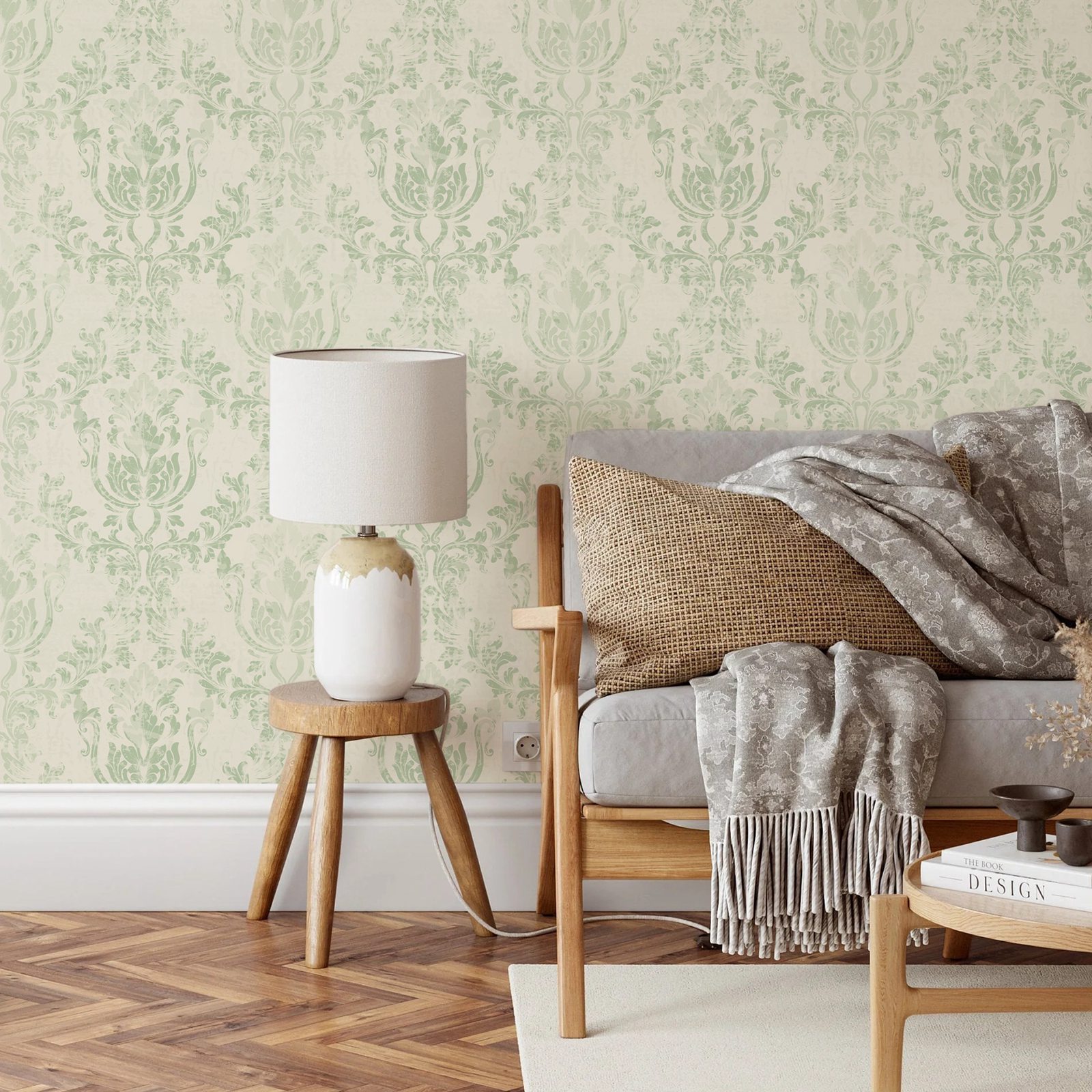 Vintage Green Damask Wallpaper - Herbal Wallpaper 评论和价格